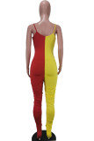 Yellow Red Fashion Sexy Letter Print Patchwork Backless Fold O Neck Skinny Jumpsuits