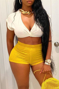 Yellow Fashion Casual Solid Basic V Neck Short Sleeve Two Pieces