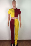 Red and blue Blends Street Patchwork Solid Draped contrast color pencil Short Sleeve Two Pieces