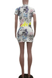 White Street Print Patchwork O Neck Short Sleeve Dress Dresses