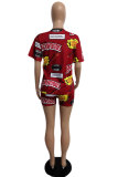 Red Fashion adult Street Letter Patchwork Print Two Piece Suits Straight Short Sleeve Two Pieces