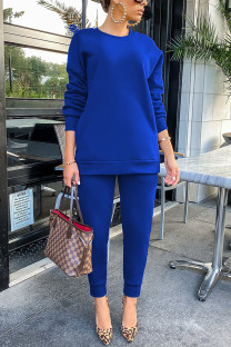 Blue Work Daily Solid O Neck Long Sleeve Two Pieces
