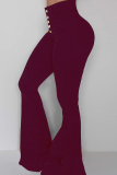 Red Street Solid Buckle Boot Cut High Waist Speaker Patchwork Bottoms