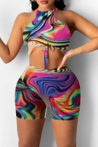 Colour Sexy Print Patchwork O Neck Sleeveless Two Pieces
