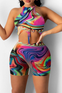 Colour Sexy Print Patchwork O Neck Sleeveless Two Pieces
