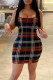 Orange Gray Casual Plaid Patchwork U Neck Pencil Skirt Dresses
