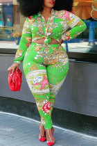 Green Fashion Casual Print Cardigan Turndown Collar Plus Size Two Pieces