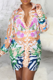 Multicolor Casual Print Patchwork Turndown Collar Shirt Dress Dresses