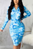 Blue Sexy Print Patchwork Fold O Neck Pencil Skirt Dresses