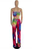 Blue Orange Fashion Sexy Print Tie Dye Backless Slit Strapless Sleeveless Two Pieces