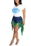 Green Tassel Design Distressed Denim
