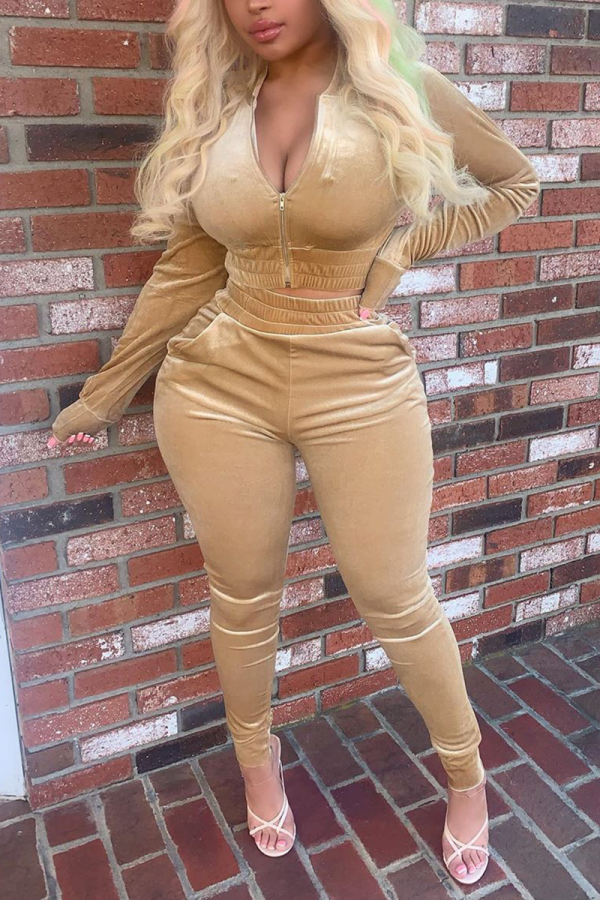 Gold Casual Solid Patchwork O Neck Long Sleeve Two Pieces