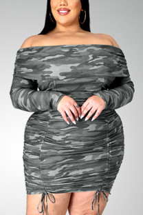 Camouflage Sexy Print Patchwork Bateau Neck Pencil Skirt Plus Size 