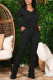 Black Fashion Casual Adult Solid Fold V Neck Long Sleeve Regular Sleeve Two Pieces
