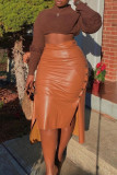 Blue Brown PU Drawstring Sleeveless High Patchwork Solid bandage Split A-line skirt Capris Bottoms