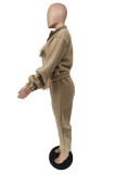 Brown Fashion Casual Solid Basic Zipper Collar Long Sleeve Two Pieces