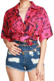 Red Nylon Turndown Collar Short Sleeve Patchwork Print Slim fit Button Tops