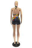 White Fashion Sexy Print Backless Strap Design Halter Sleeveless Two Pieces