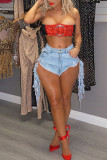 Light Blue Yellow Light Blue Dark Blue Denim Zipper Fly Mid Hole washing Zippered Straight shorts Bottoms