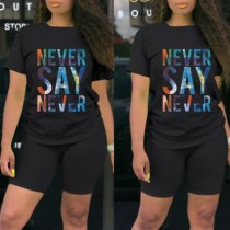 Black Fashion Casual Letter Print Basic O Neck Short Sleeve Two Pieces