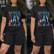 Black Fashion Casual Letter Print Basic O Neck Short Sleeve Two Pieces