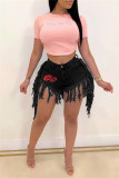 Black Fashion Sexy Print Tassel Mid Waist Straight Jeans