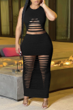 Burgundy Sexy Solid Ripped O Neck Sleeveless Two Pieces