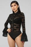 Black Sexy Fashion Ruffled Patchwork Solid Long Sleeve O Neck Playsuits
