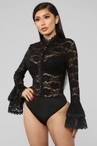 Black Sexy Fashion Ruffled Patchwork Solid Long Sleeve O Neck Playsuits