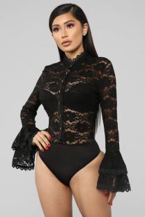 Black Sexy Fashion Ruffled Patchwork Solid Long Sleeve O Neck Playsuits