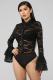 Black Sexy Fashion Ruffled Patchwork Solid Long Sleeve O Neck Playsuits