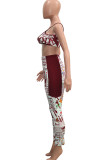 Wine Red Fashion Sexy adult Ma'am Patchwork Print Two Piece Suits pencil Sleeveless Two Pieces