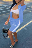 Grey Casual Sportswear Letter Embroidered Patchwork Zipper Collar Short Sleeve Two Pieces