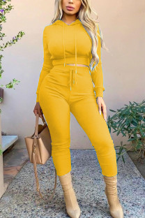 Yellow Casual Solid Patchwork Hooded Collar Long Sleeve Two Pieces