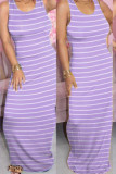 Light Blue Milk. Fashion Street White Yellow Light Blue purple Tank Sleeveless O neck Pencil Dress Floor-Length Striped Dresses