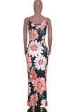 White Fashion Street White Brown Yellow Spaghetti Strap Sleeveless V Neck Pencil Dress Floor-Length Print Floral Animal Dresses
