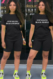 Black Fashion Active Casual Letter Draped Straight Short Sleeve Two Pieces