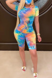 Multicolor Fashion Casual Print Basic O Neck Short Sleeve Two Pieces