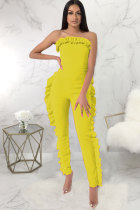 Yellow Fashion Sexy stringy selvedge Patchwork Solid Sleeveless Wrapped Jumpsuits