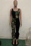 Black Fashion Casual Print Patchwork Camouflage Ruffled Sleeveless O Neck Jumpsuits