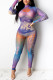 purple Fashion Sexy Gauze Patchwork Print See-through Half A Turtleneck Skinny Jumpsuits