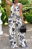 Black White Sexy Print Bandage Patchwork V Neck Loose Jumpsuits