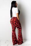 Red Fashion Casual adult Leopard Lips Print Print Loose Short Sleeve
