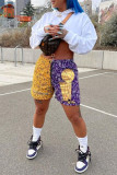 Purple Fashion Casual Print Patchwork Straight High Waist Shorts