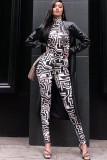 Black Sexy Two Piece Suits Patchwork Striped pencil Long Sleeve Two-piece Pants Set