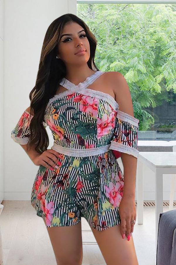 Green Fashion lace Short Sleeve O Neck Rompers