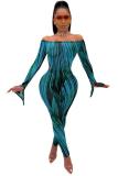 Blue Sexy Fashion adult Patchwork Two Piece Suits Striped Print pencil Long Sleeve