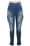 Blue Denim Button Fly Sleeveless High Hole Patchwork Pocket washing Solid pencil Pants 