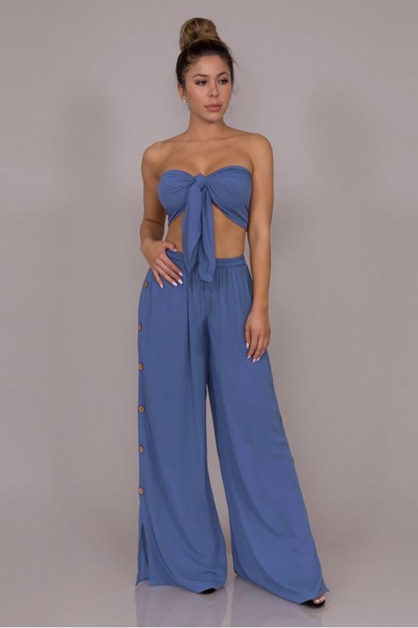 Blue Fashion Sexy crop top Slim fit Two Piece Suits Beading asymmetrical Solid bow-knot Straigh