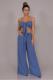 Blue Fashion Sexy crop top Slim fit Two Piece Suits Beading asymmetrical Solid bow-knot Straigh